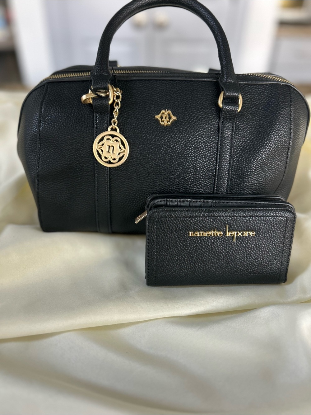 Nanette Lepore Black Pebbled Satchel with Matching Wallet